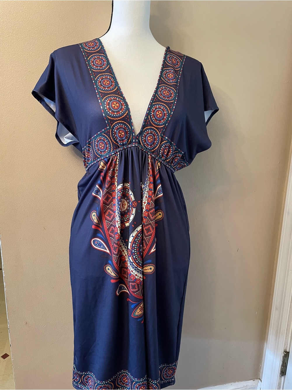 Flying Tomato- Navy Paisley V-Neck Women’s Dress